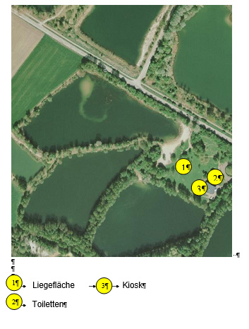 Kreisweiher Geisenfeld mit Angabe von Liegefläche, Kiosk und Toiletten