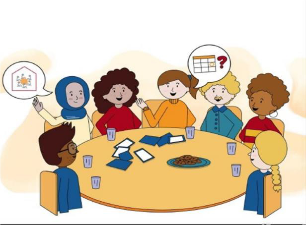sieben Menschen an einem Tisch