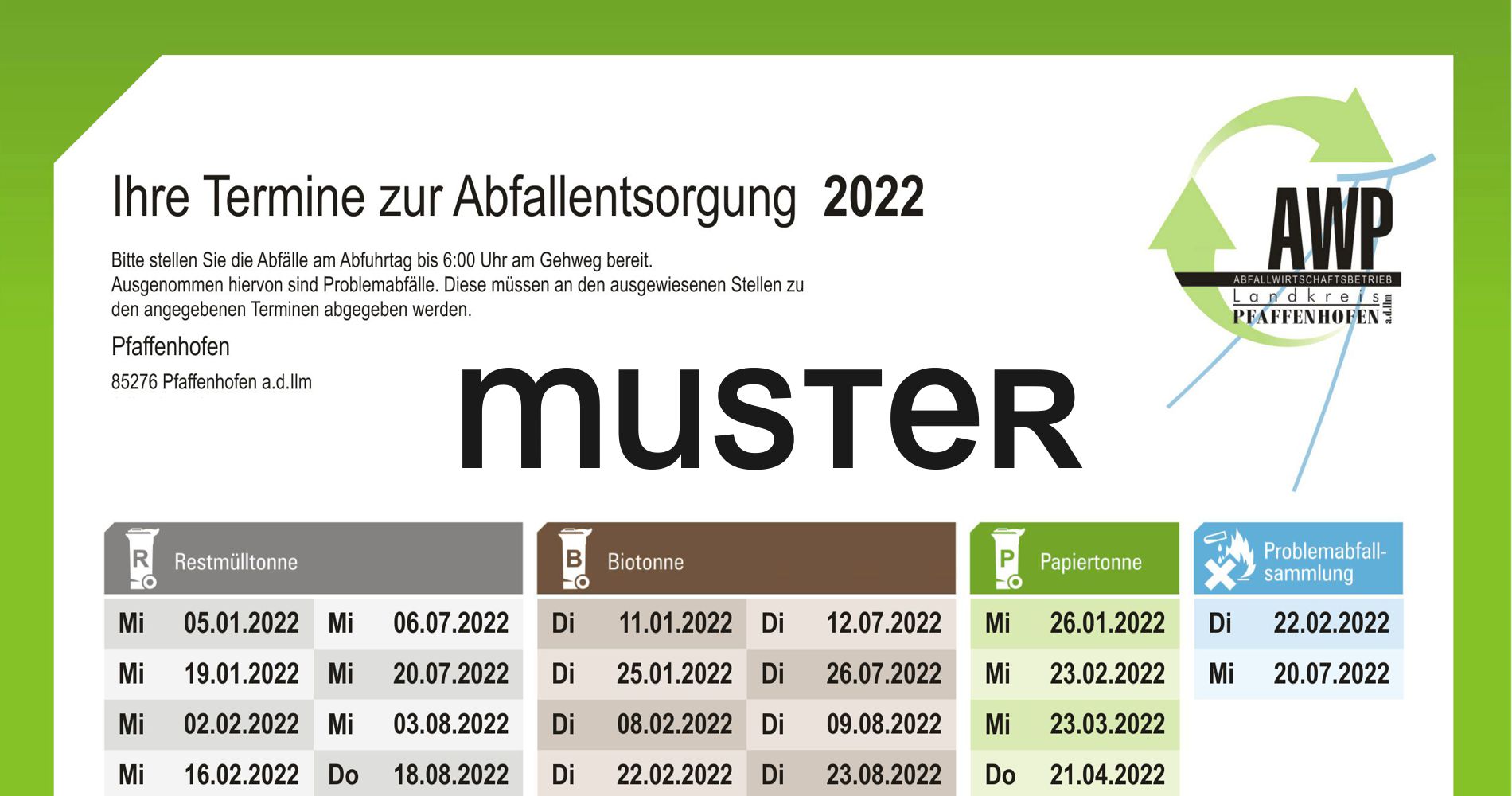 AWP informiert Abfuhrterminpläne 2022 online Landkreis Pfaffenhofen