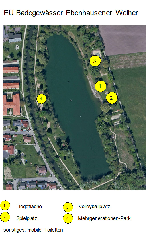 Ebenhausener Weiher mit Angabe von Liegefläche, Volleyballplatz, Spielplatz, Mehrgenerationen-Park, mobile Toiletten