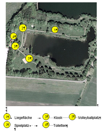 Heideweiher Reichertshofen mit Angabe von Liegelfäche, Kiosk, Volleyballplatz, Spielplatz und Toiletten