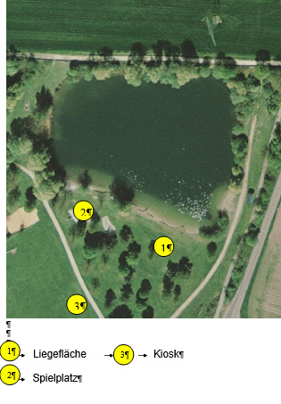 Niederstimmer Weiher mit Angabe von Liegefläche, Kiosk und Spielplatz