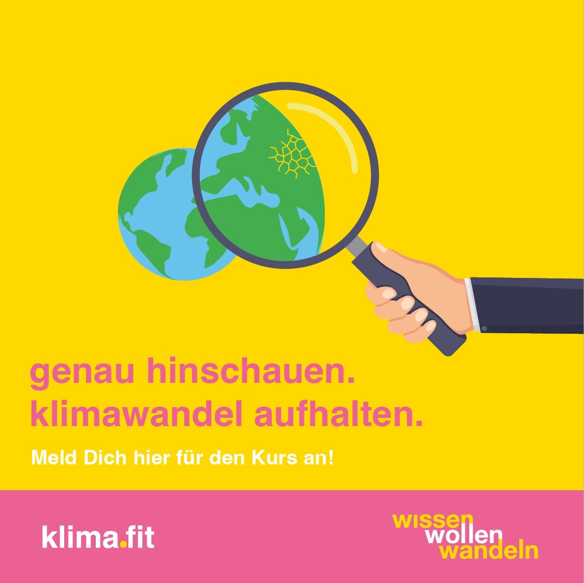 Genau hinschauen - Klimawandel aufhalten, gelber Hintergrund