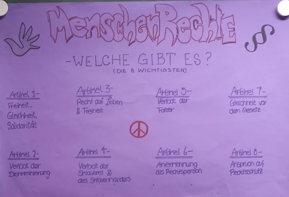 ein Plakat in lila mit der Aufschrift Menschenrechte - Welche gibt es?