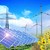 Photovoltaikanlage und Windräder und rechts Sonnenblumen