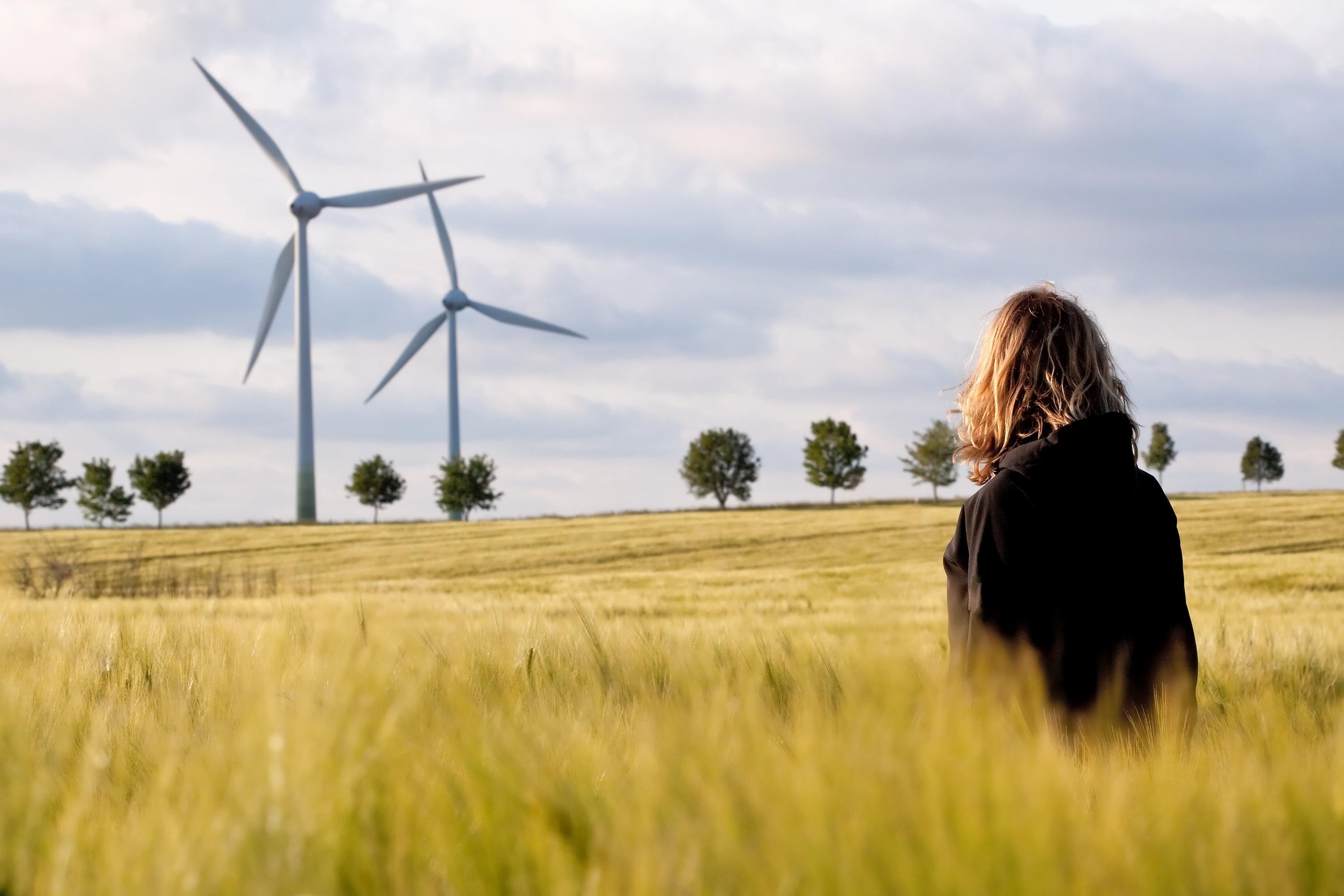 eine Person steht vor Windräder auf einem Feld