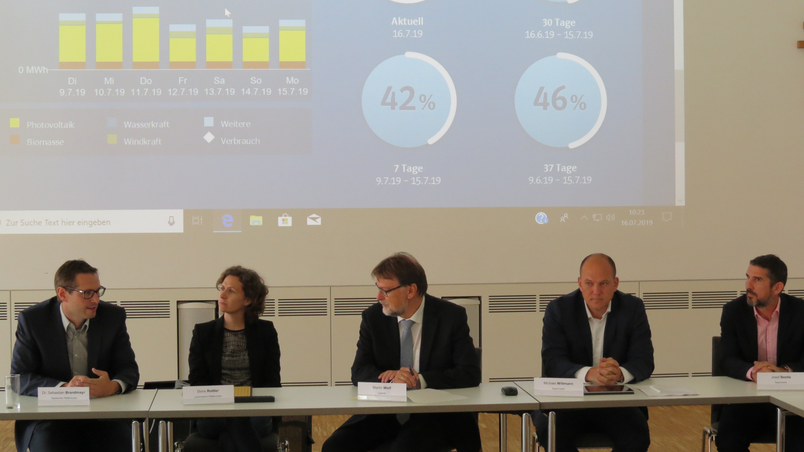 v.l.n.r.: Dr. Sebastian Brandmayr von den Stadtwerken Pfaffenhofen, die Klimaschutzbeauftragte des Landkreises Doris Rottler, Landrat Martin Wolf sowie Michael Wittmann und Josef Bestle von der Bayernwerk Natur GmbH Leider haben wir keinen Alternativtext zu diesem Bild, aber wir arbeiten daran.